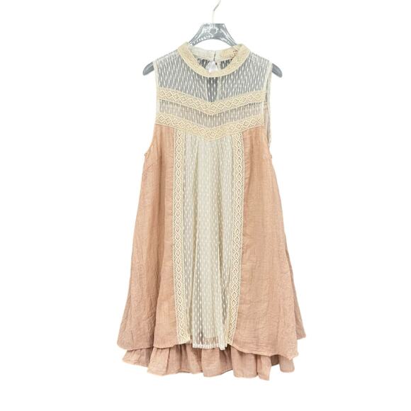 A’reve Anthropologie Cream Lace High Neck Sleeveless Peach A-line Mini Dress - Picture 9 of 14